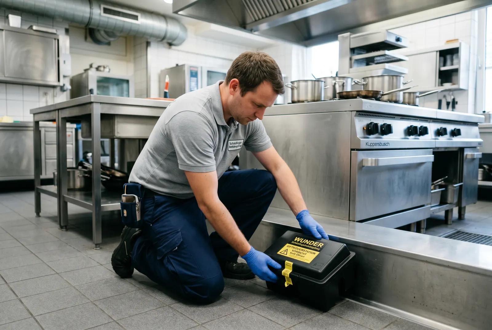 Techniker setzt tamper-resistente Köderstation in einer Gastro-Küche