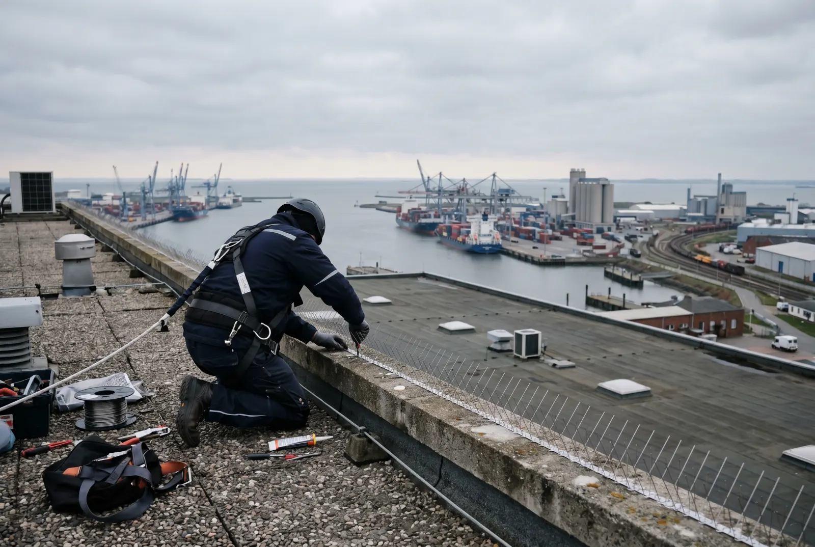 Taubenabwehr-Spikes an einer Hafenanlage an der Nordsee